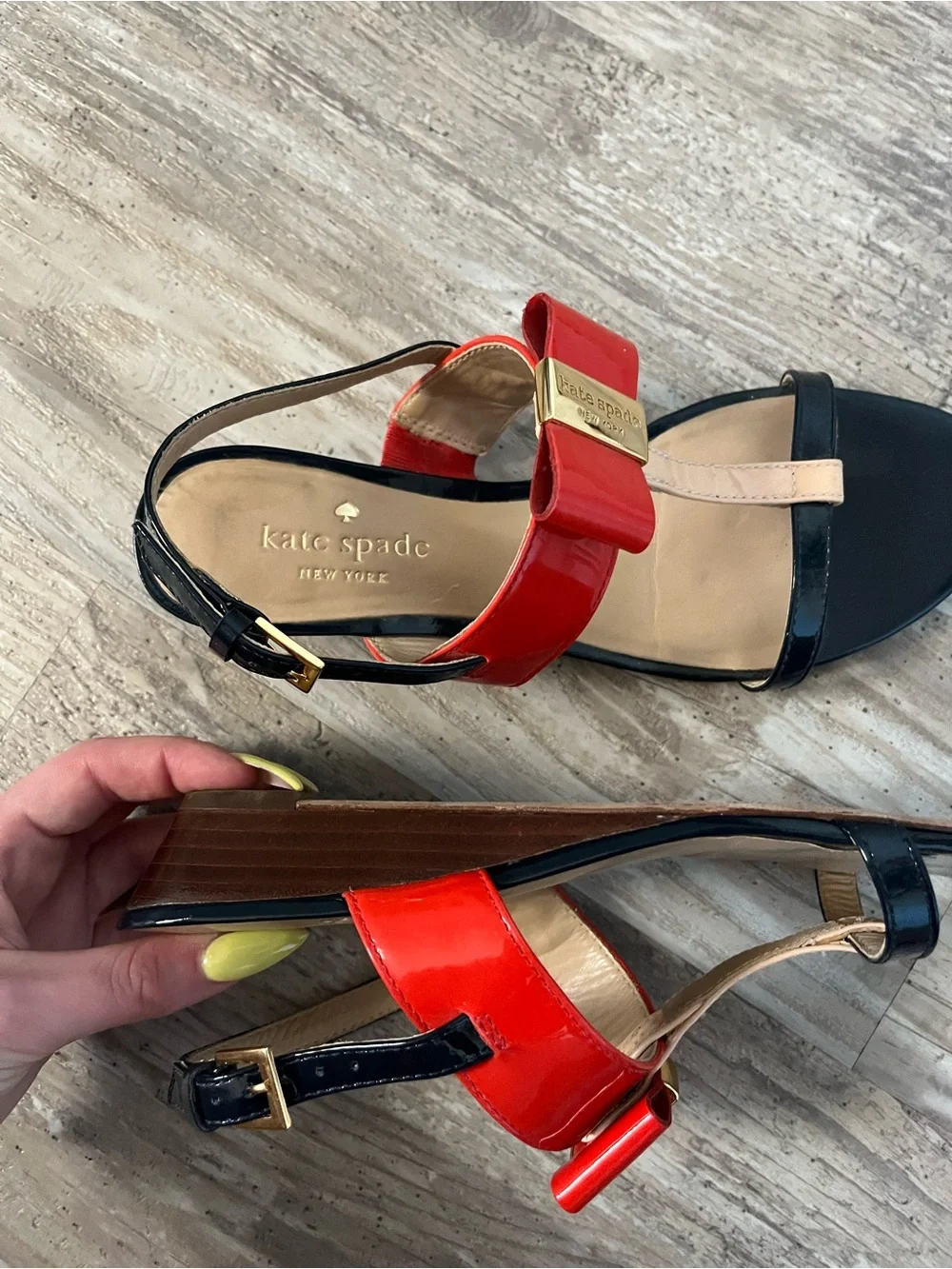 kate spade Red, Black & Nude Patent T-Strap Sandals